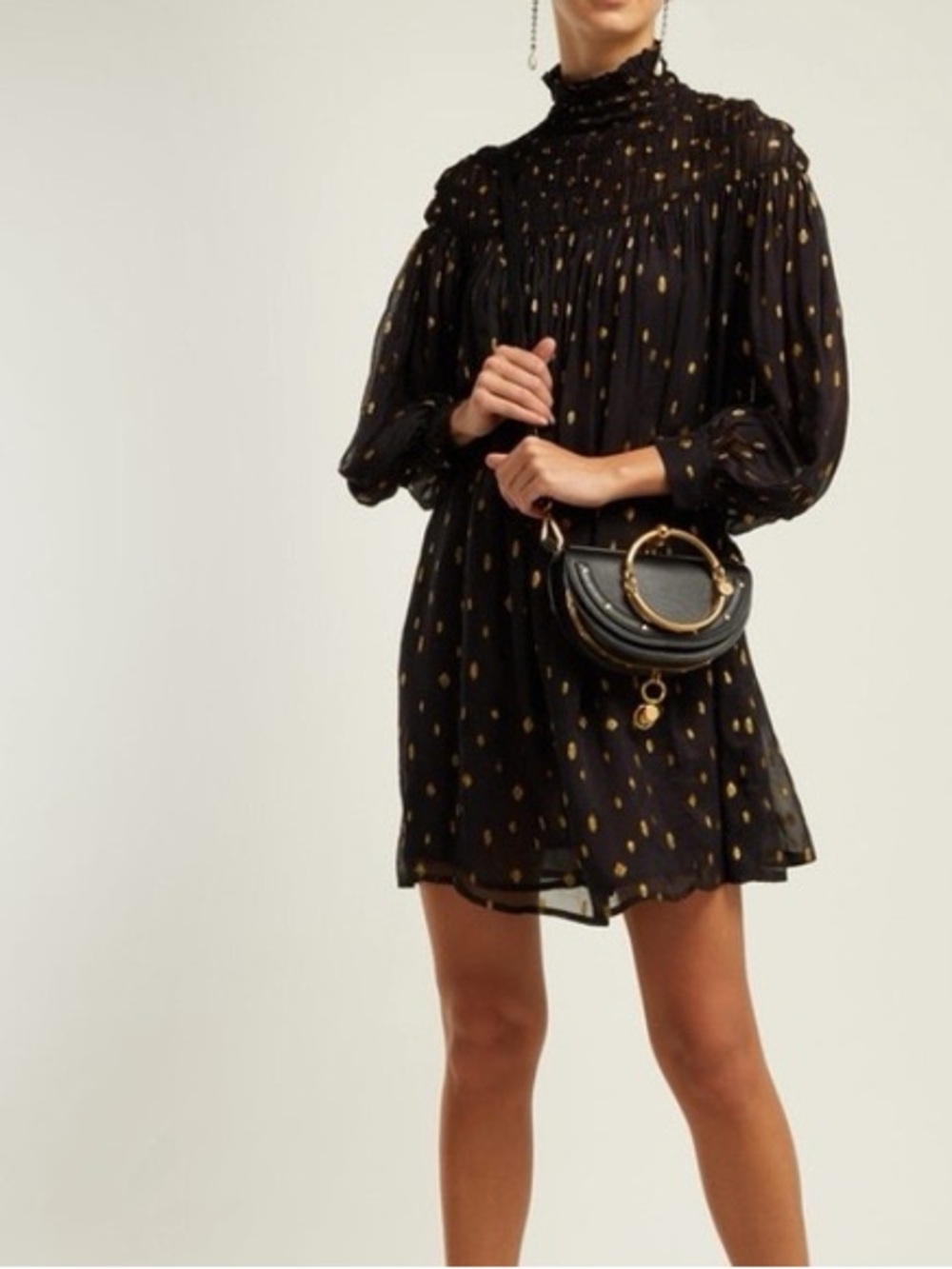 Frame gold polka dot mock neck long sleeve dress